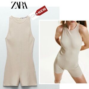 Zara cream beige ribbed knit playsuit romper bodysuit round crew neck Sz M NWT
